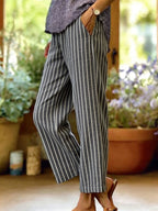 Women's Stripe Cotton-linen Solid Color Elastic Waist Pockets Straight Leg Loose-fit Casual Trousers