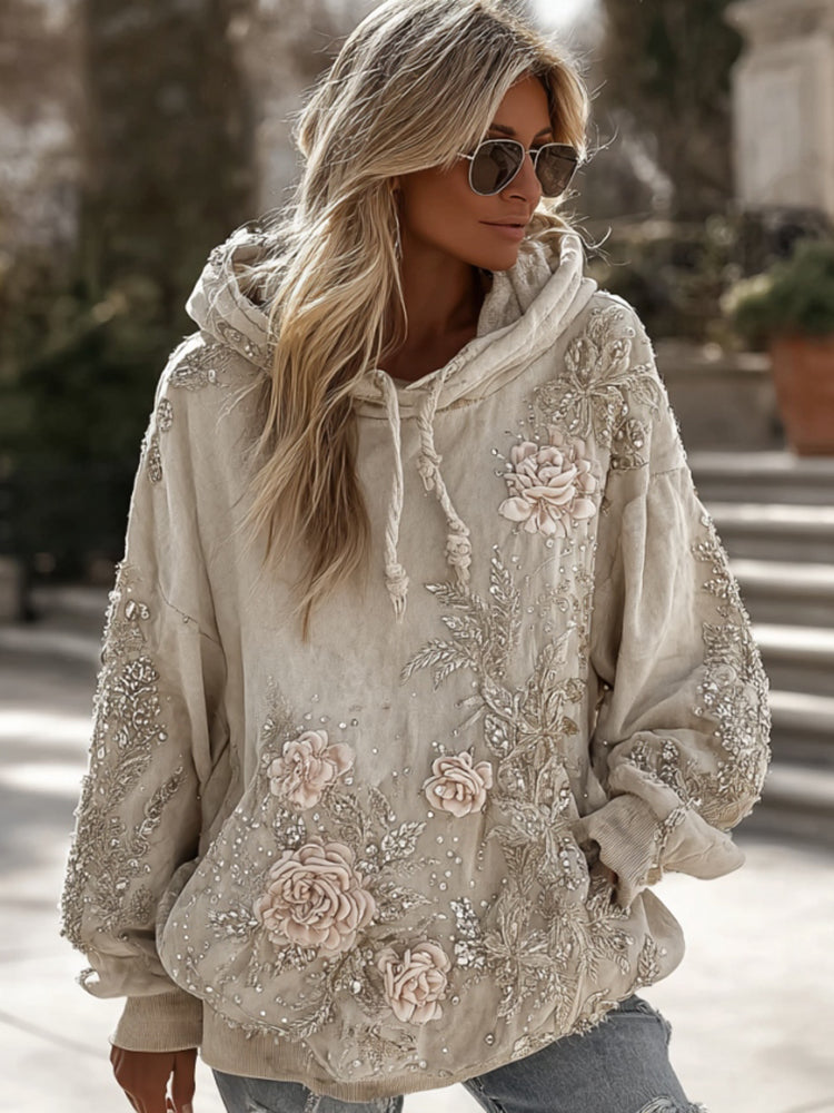 Women's Vintage Floral Embroidery Art Casual Hoodie