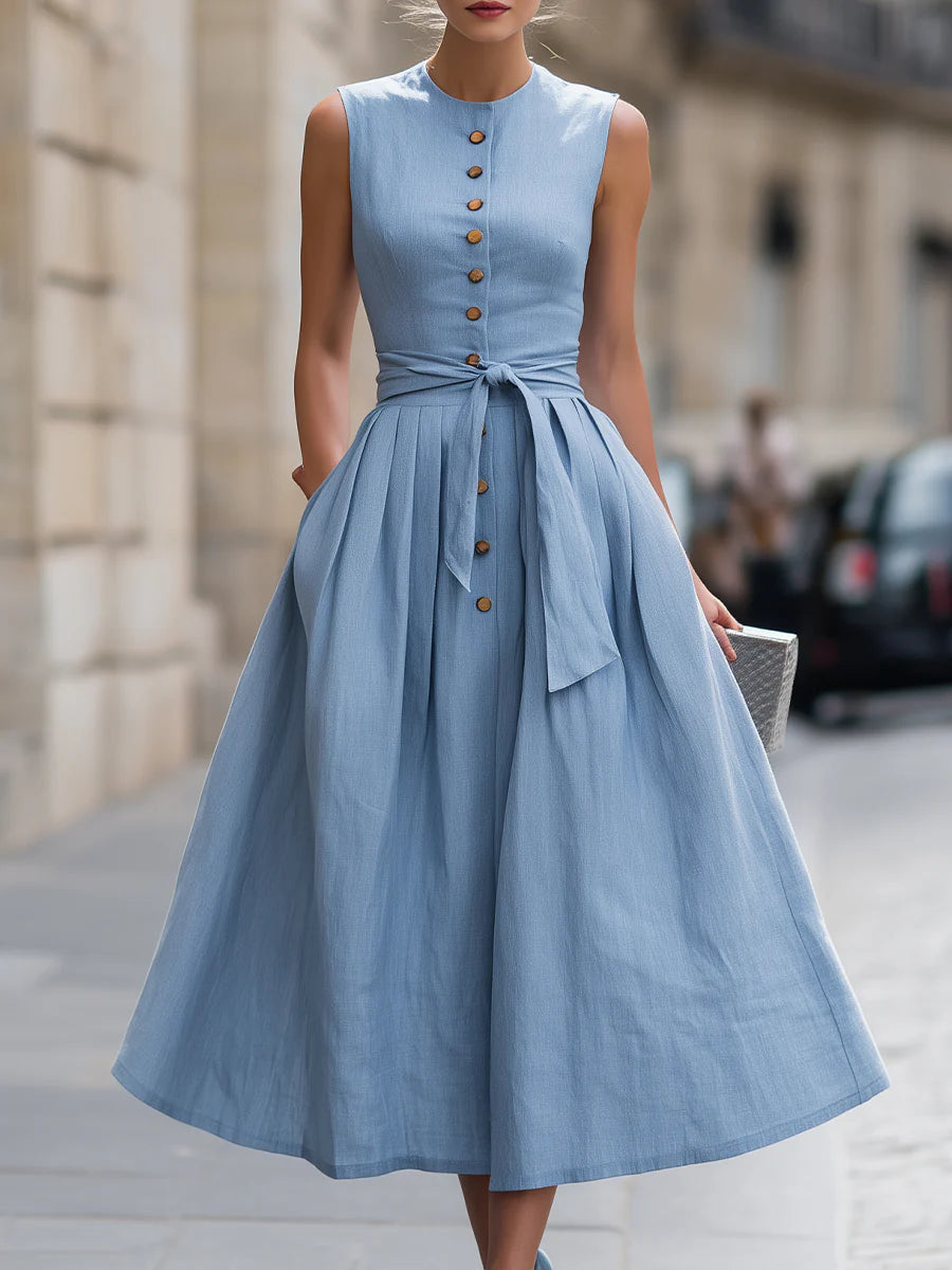 Elegant A-line Sleeveless Linen And Cotton Dress