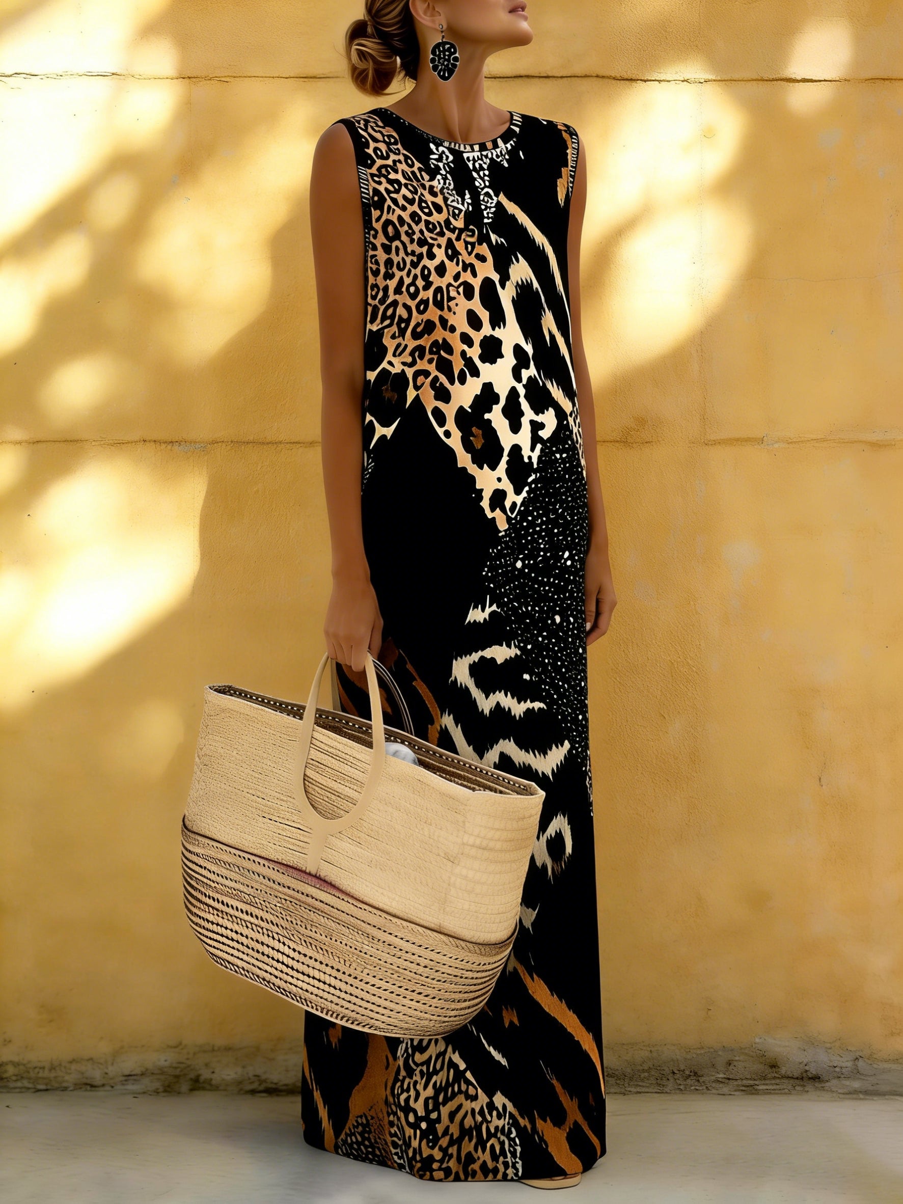 Elegant Leopard Print Patchwork Loose Maxi Dress