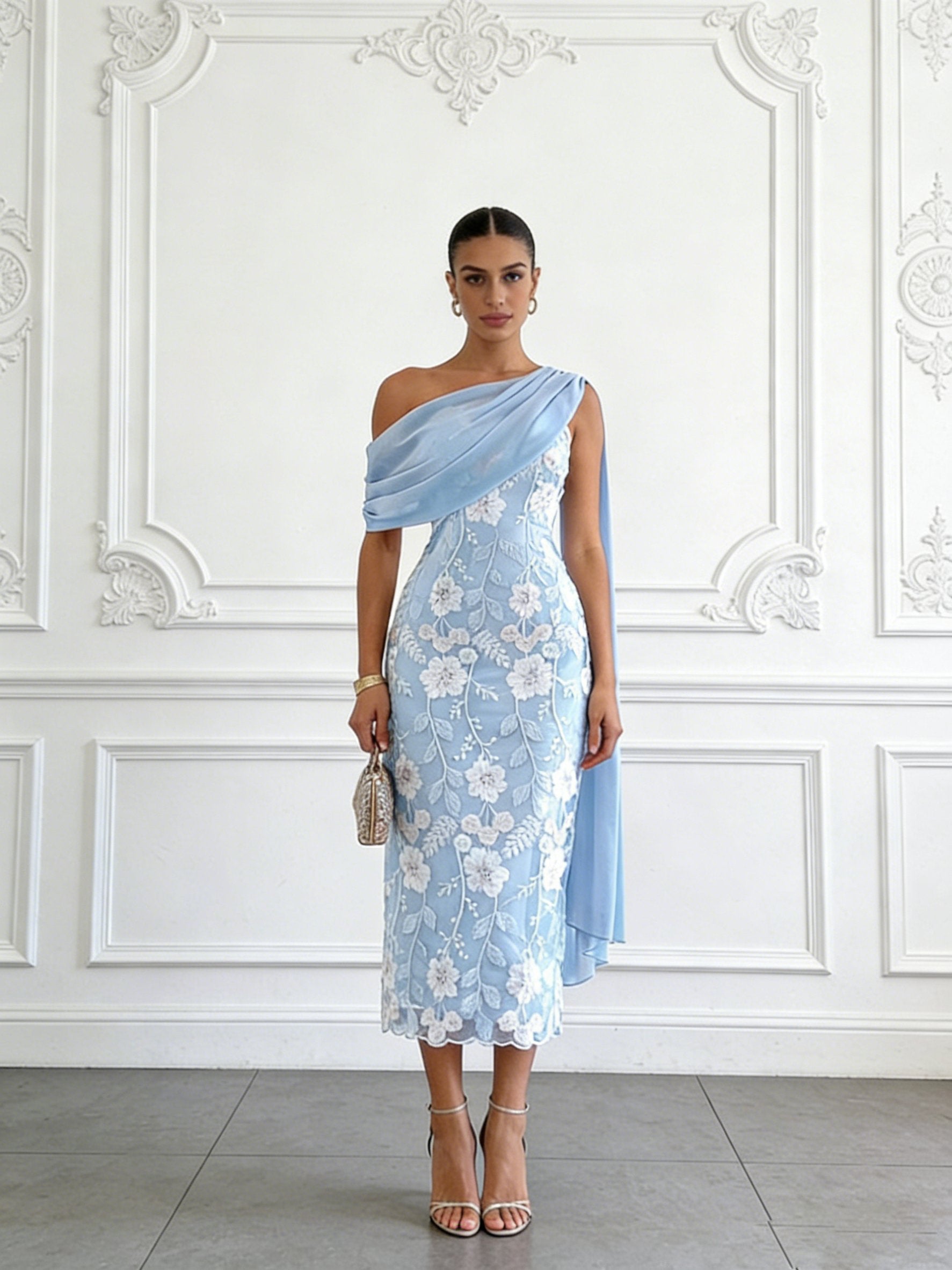 Light Blue Embroidery Classic Strapless Sleeveless Sheath Midi Dress