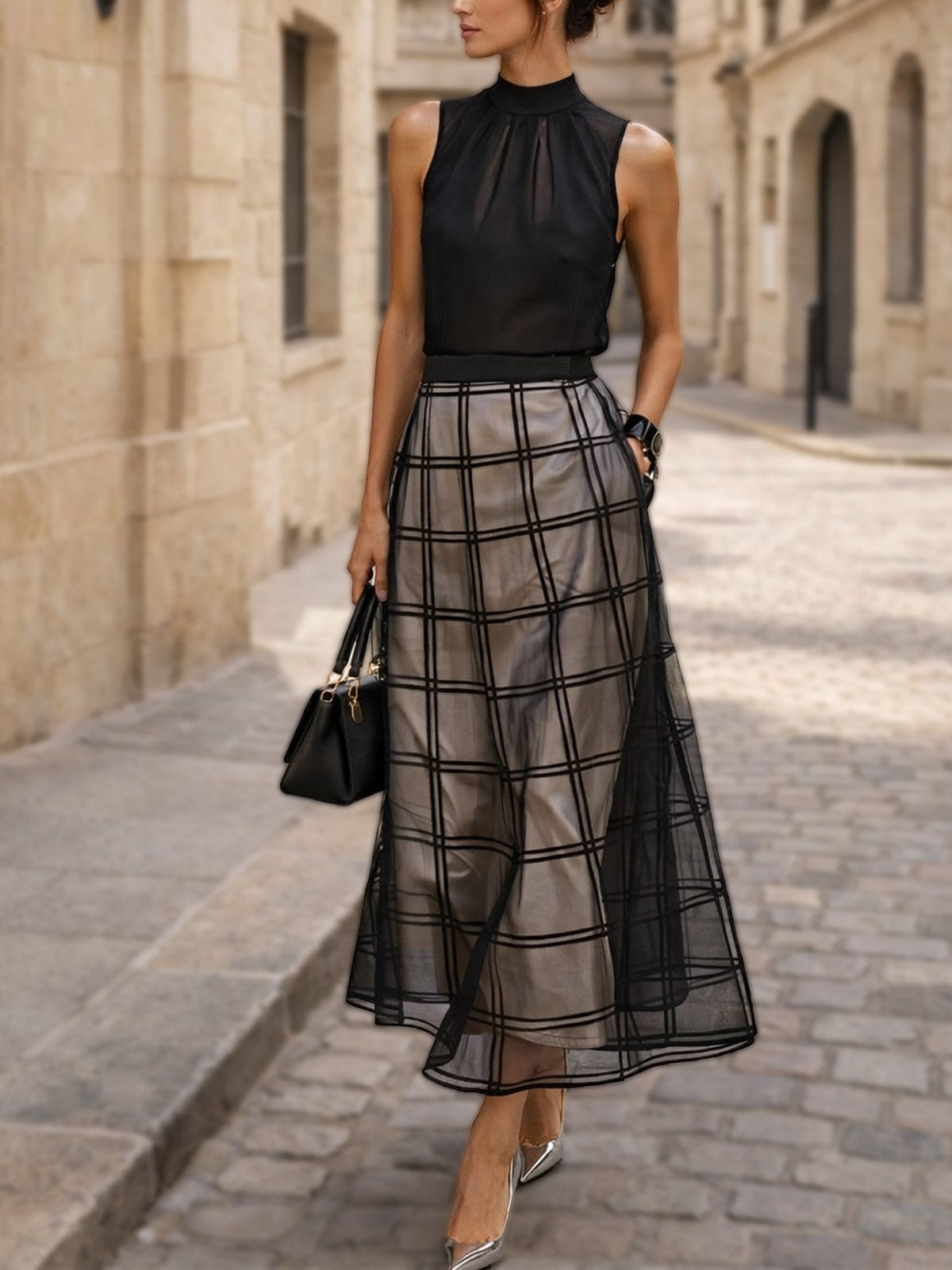 Black Organza Plaid Classic Sleeveless  Midi Dress