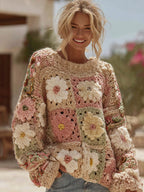 Women's Boho Classic Grandma Check Crochet Floral Sweater