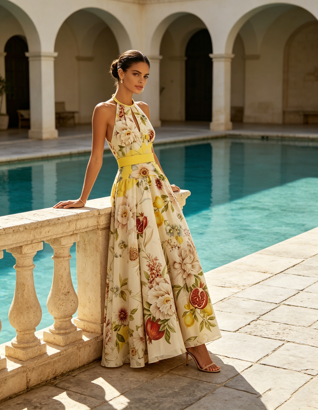 Yellow Floral Chiffon Halter Neck Sleeveless A-Line Maxi Dress