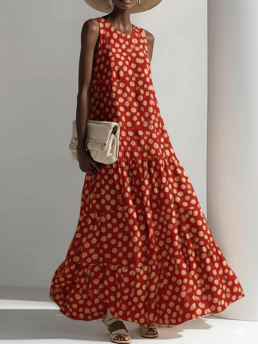 Retro Polka Dot Print Multi-layered Hem Maxi Dress