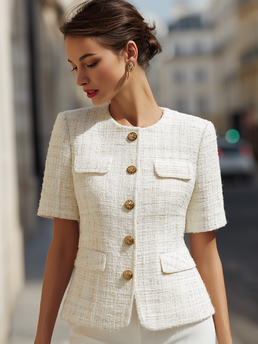 Tweed Short-Sleeve Elegant Tailored Jacket