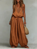 Women's Cotton-linen Embroidered Vest Lantern Wide-leg Pants