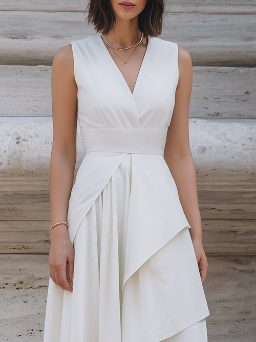 Asymmetric Draped Waist Layered Midi Dress