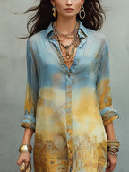Baroque Blue And Yellow Gradient Printed Chiffon Midi Dress
