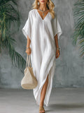 Women's Solid Color V-neck 3/4 Sleeve Casual Loose Cotton And Linen Dress