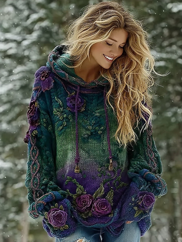 Women's Vintage Floral Gradient Celtic Art Knit Cozy Hooded Sweater