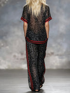 Women's Retro Leopard Art Print Short Sleeve Stylish Casual Top And Pants Suits