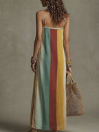 Bohemian-style Striped, Color-block Spaghetti-strap Maxi Dress