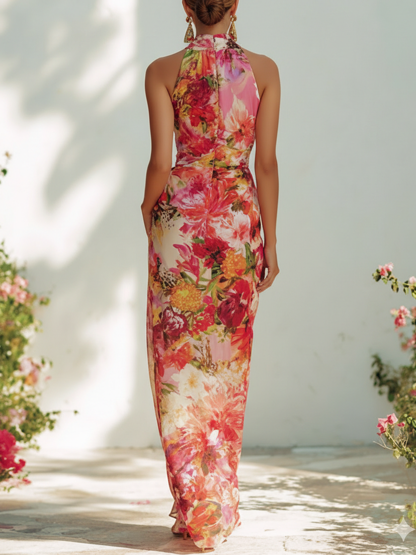 Red Floral Chiffon Halter Sleeveless Maxi Dress