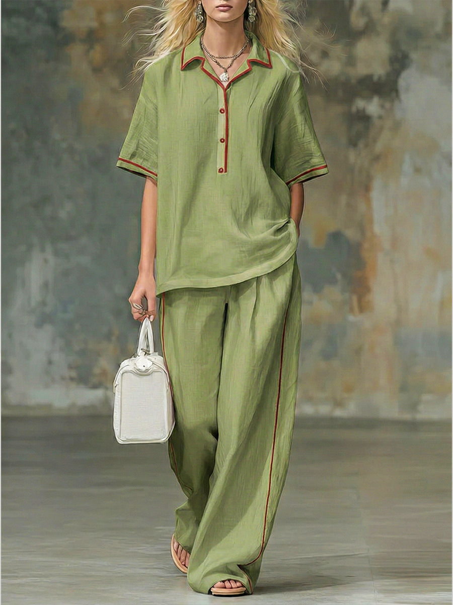 Casual Red-trimmed Short-sleeved Linen And Cotton Shirt And Trousers Two-piece Set