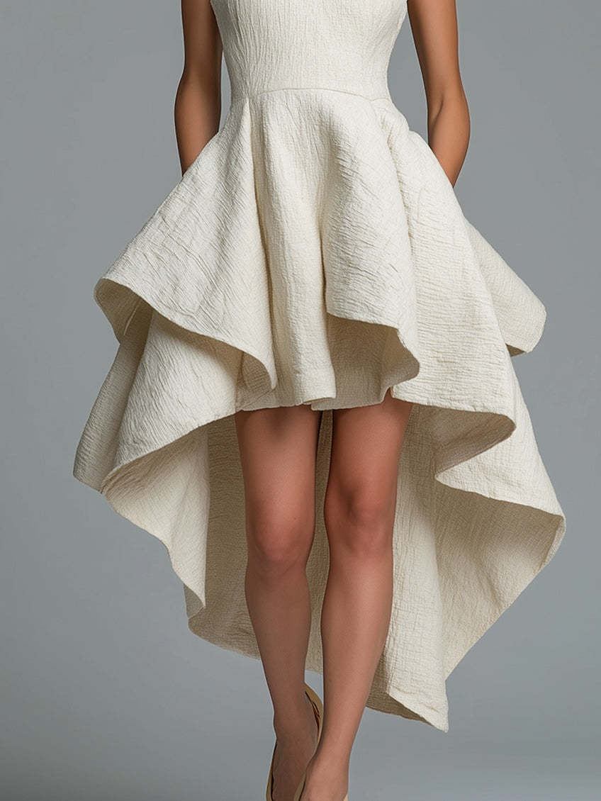 Elegant Off-white Round Neck Sleeveless A-line Midi Dress