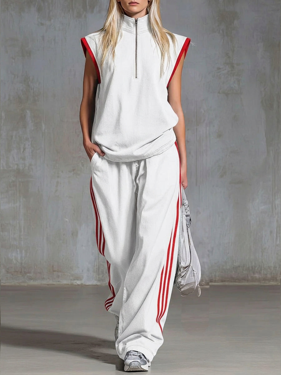 Casual Half-zip Sleeveless Denim Top And Pants Two-piece Set