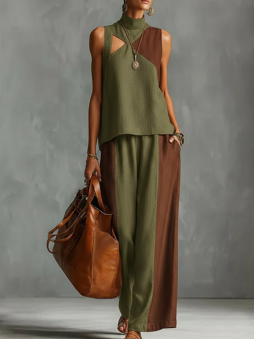 Artistic Color-blocked Cozy Linen Cotton Two-piece Set