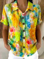 Artistic Watercolor Floral Print Cotton-linen Blouse