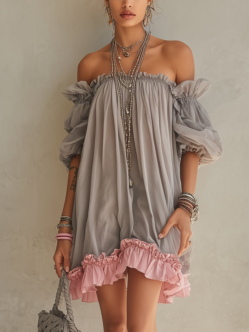 Gray And Pink Color-blocked Off-shoulder Puff Sleeve Chiffon Mini Dress