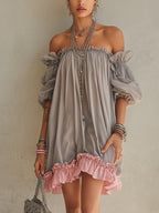 Gray And Pink Color-blocked Off-shoulder Puff Sleeve Chiffon Mini Dress