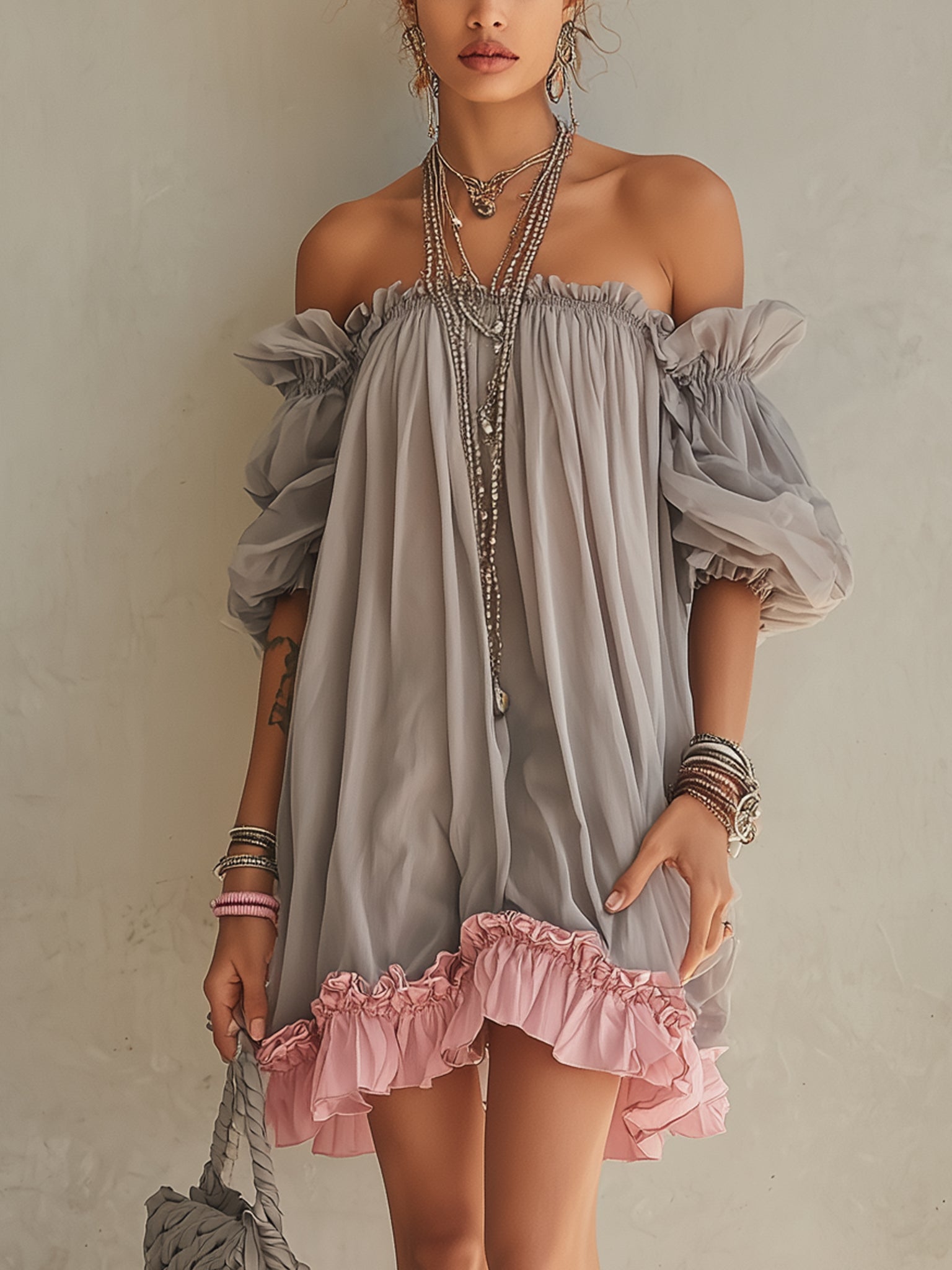 Gray And Pink Color-blocked Off-shoulder Puff Sleeve Chiffon Mini Dress