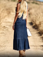 Women Stylish Art Sleeveless Shirt Fishtail Midi Denim Dress