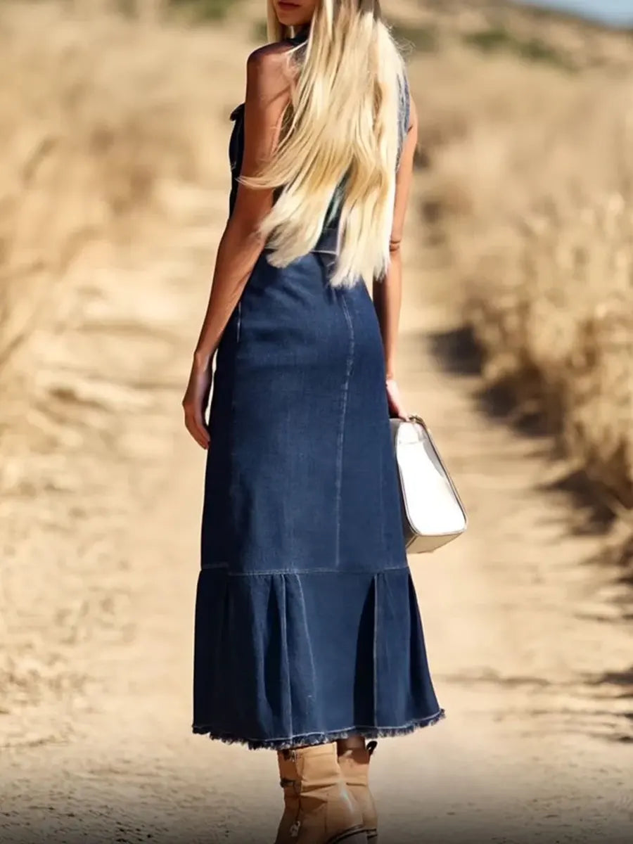 Women Stylish Art Sleeveless Shirt Fishtail Midi Denim Dress