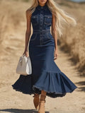 Women Stylish Art Sleeveless Shirt Fishtail Midi Denim Dress