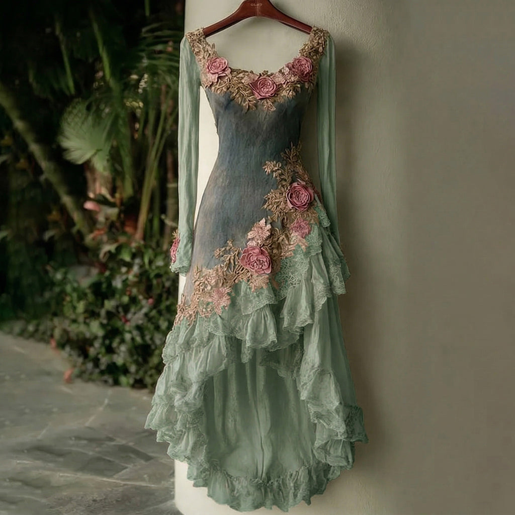 Women's Spring Elegant Flowers Irregular Ruffle Midi Dress