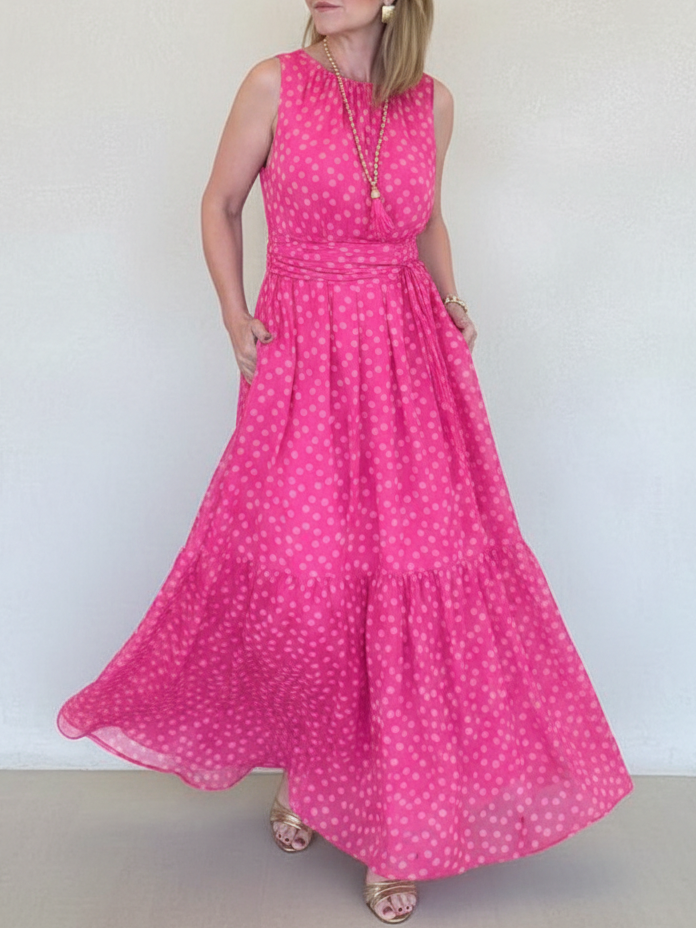 Elegant Polka Dot Print Belted Maxi Dress