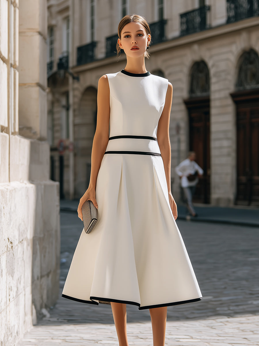Structured Contrast Trim Sleeveless A-Line Maxi Dress