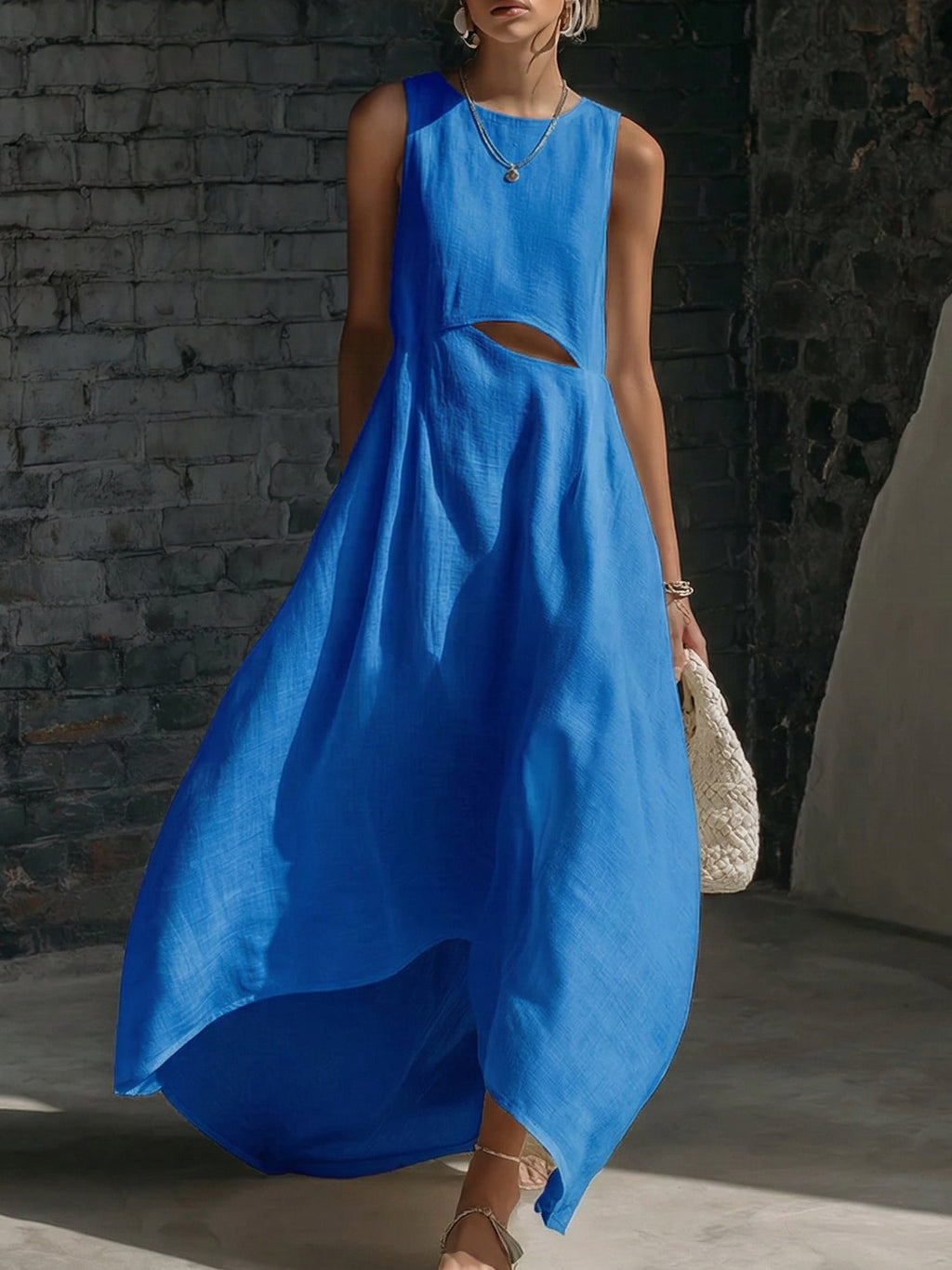 Stylish Minimalist Cutout Waist Linen-cotton Dress