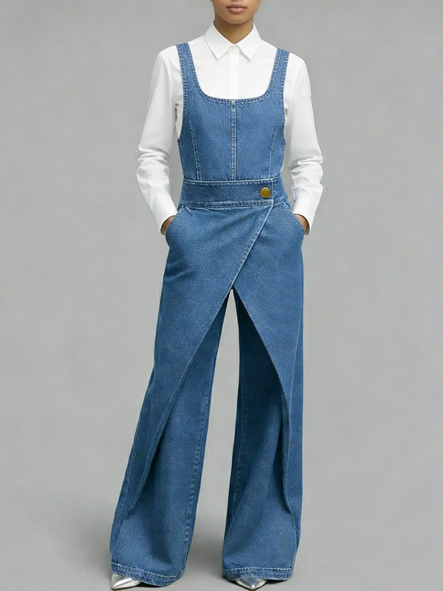 Women's Square-neck Sleeveless Loose-fitting Denim Wide-leg Jumpsuit