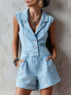 Women's Sleeveless Casual Loose Denim Jumpsuit With Lapel Collar
