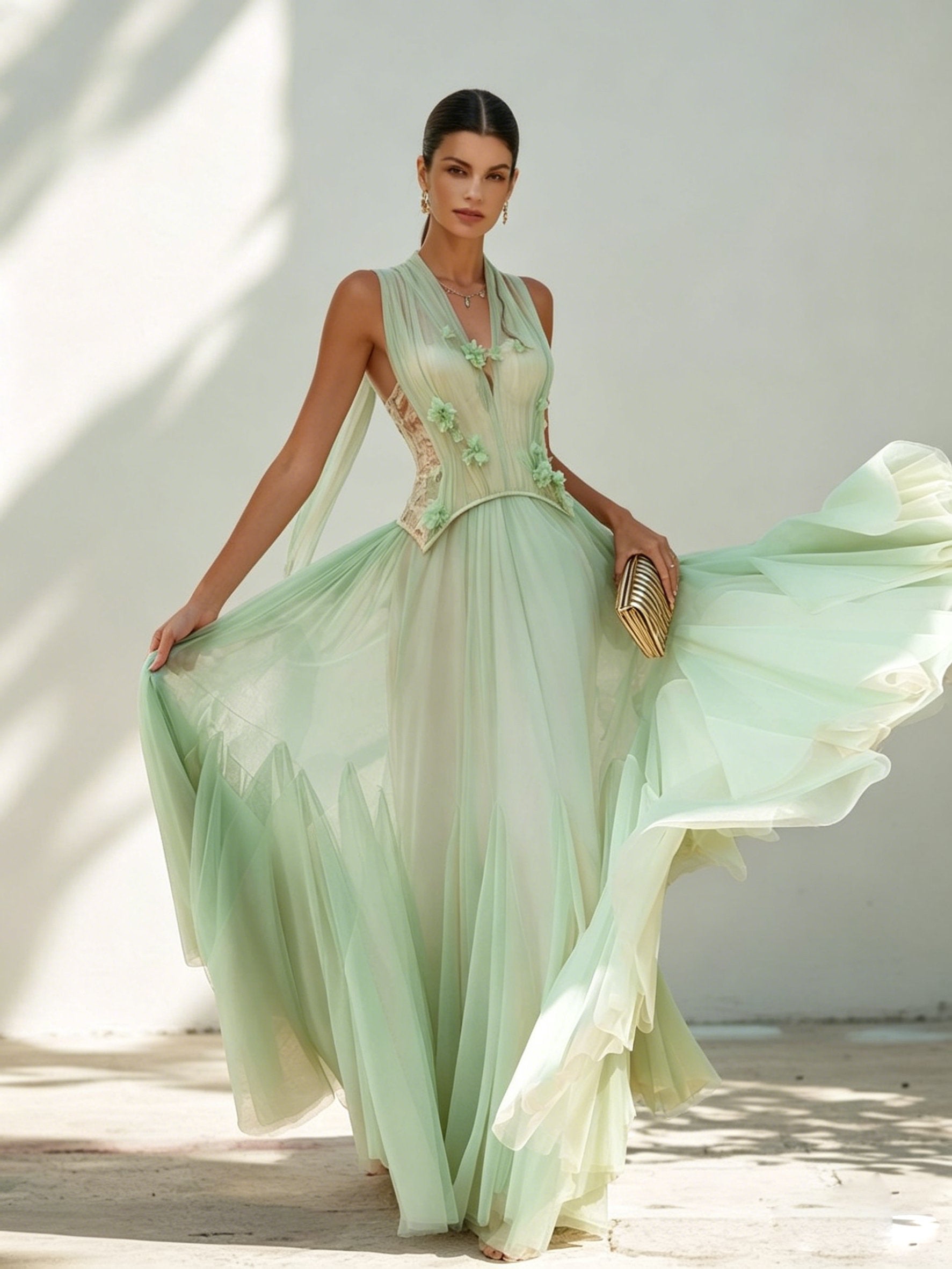 Green Chiffon V Neck Sleeveless A-Line Floor-length Gown Dress