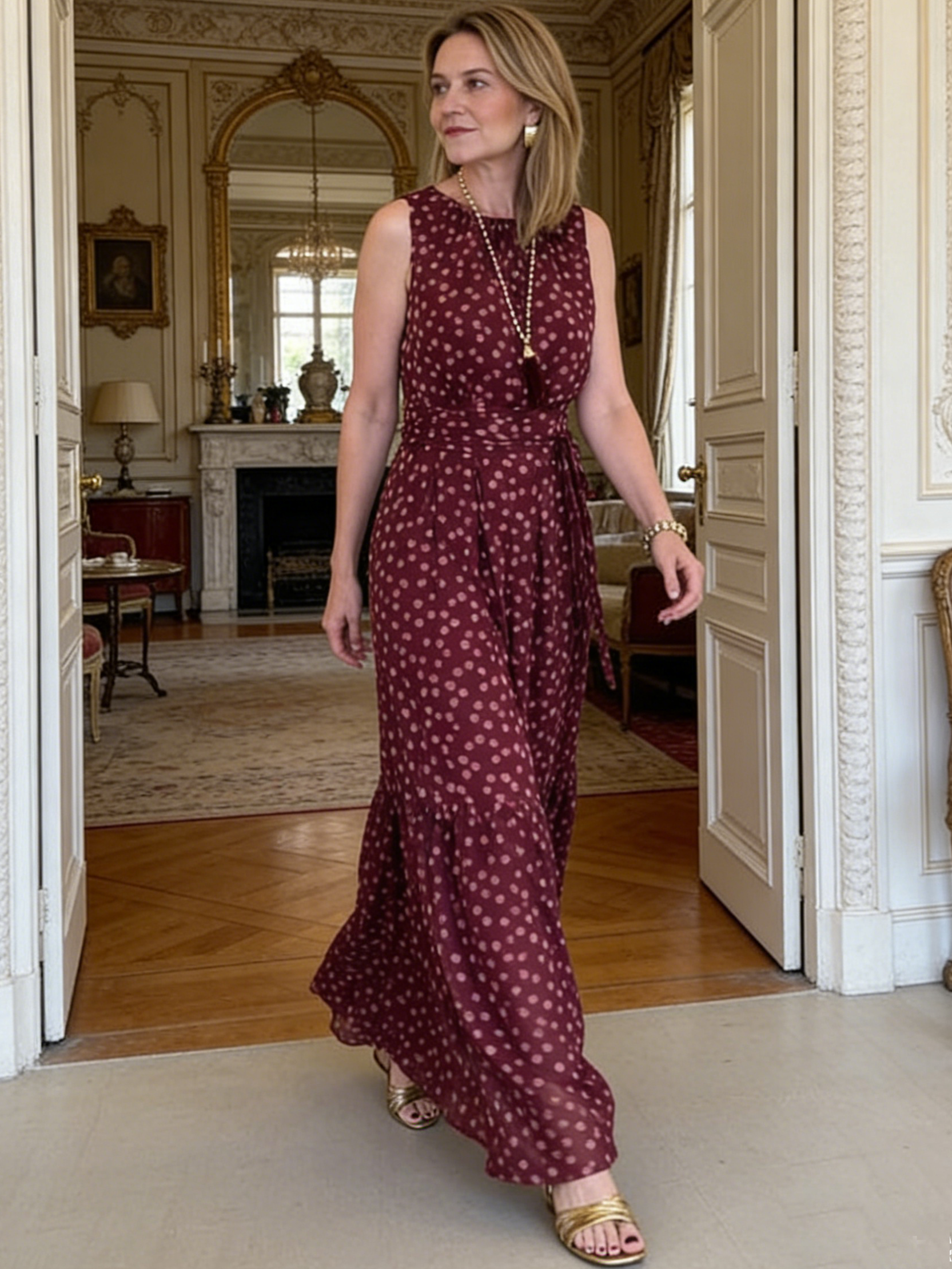Elegant Polka Dot Print Belted Maxi Dress