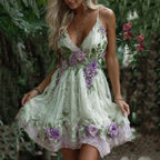 Women's Pink Rose Embroidery Art V-neck Suspender Mini Dress