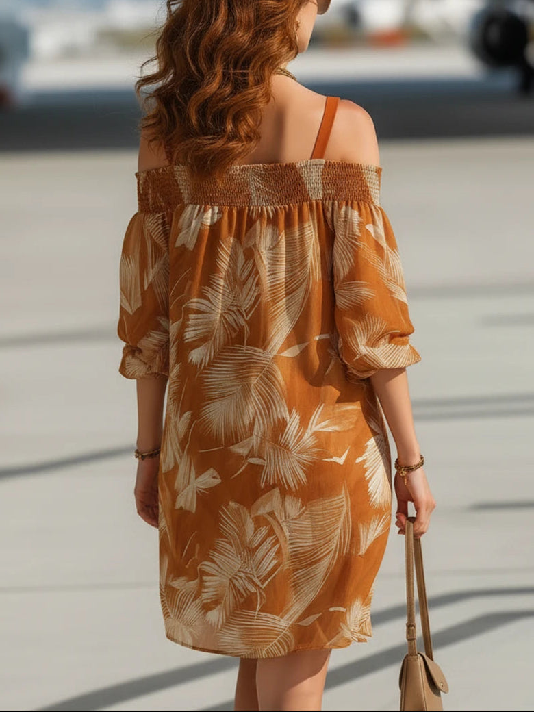 Vacation Orange Off-Shoulder Printed Chiffon Mini Dress