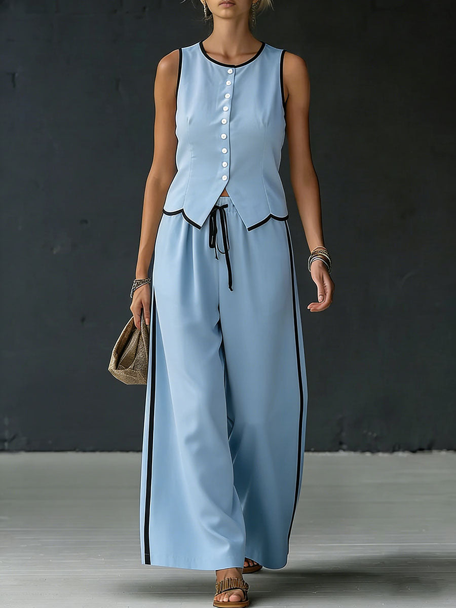 Women's Color-blocked Sleeveless Single-breasted Vest And Drawstring Trousers Set