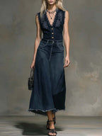 Women's V-neck sleeveless denim top and high-waisted casual loose denim skirt set
