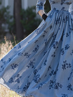Maxi Linen Dress, Half Sleeve, V Neck, Floral, Pocket Design, Vintage, Blue