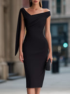 Asymmetric One-Shoulder Draped Midi Dress With Statement Sleeve