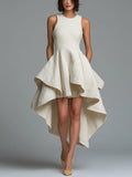 Elegant Off-white Round Neck Sleeveless A-line Midi Dress