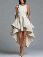 Elegant Off-white Round Neck Sleeveless A-line Midi Dress