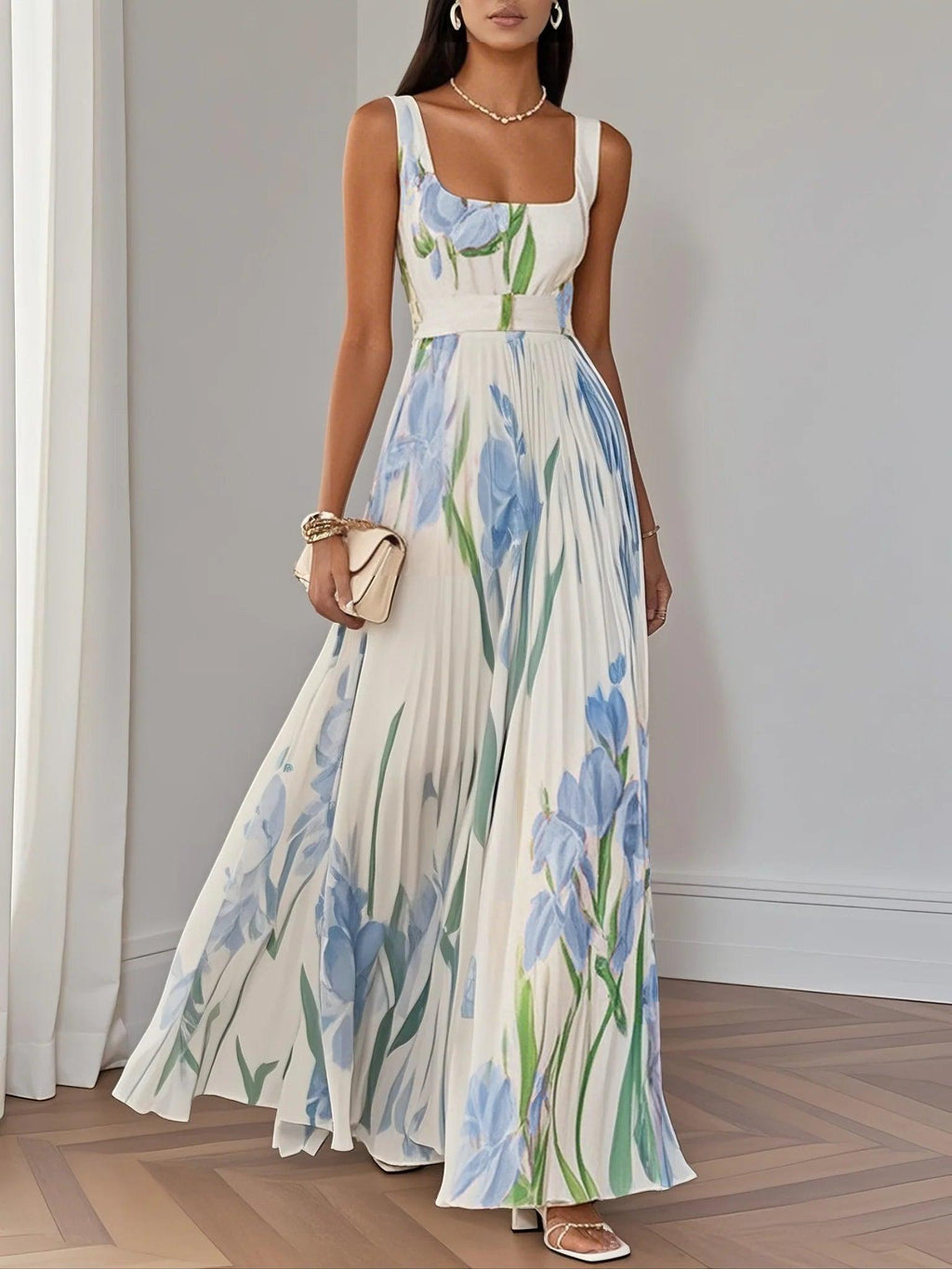 White Pleated Floral Chiffon Square Neck Sleeveless A-Line Maxi Dress