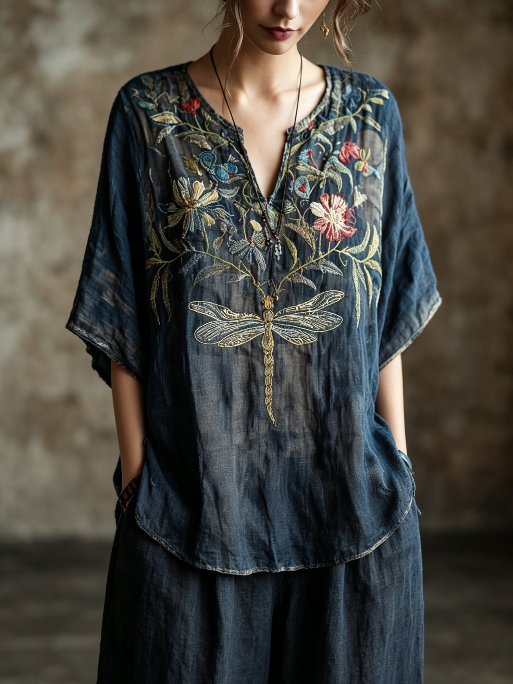 Bohemian-style Heavy-embellishment Dragonfly & Floral Embroidered V-neck Cotton-linen Top