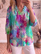 Glamorous Artistic Watercolor Cotton-linen Blouse