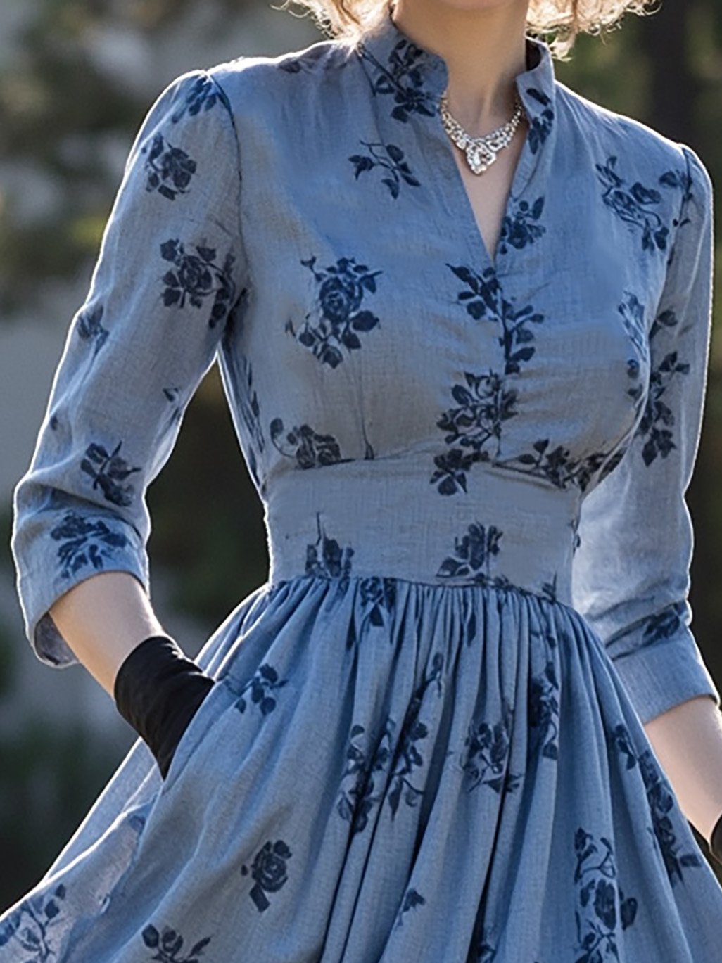 Maxi Linen Dress, Half Sleeve, V Neck, Floral, Pocket Design, Vintage, Blue