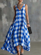 Women's V-neck Sleeveless Plaid Print Casual Loose Cotton Linen Dress